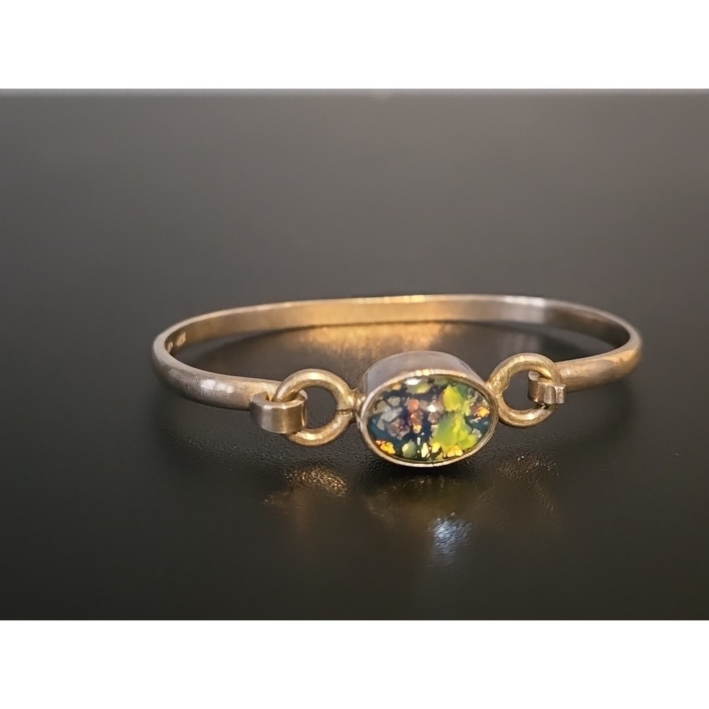Hecho Mexican Vtg Sterling Silver 925 Bangle Bracelet With Rare Blue Stone